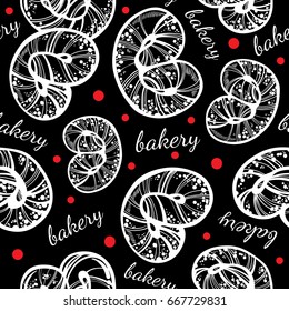 Hand-drawn vector artwork (seamless pattern) of linear style pretzels. Vintage bakery, graphic food elements isolated. Perfect template for packaging food industry design.