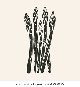 Hand-drawn vector asparagus clipart in scandi folk art style in block print style. Simple monochrome linocut illustration.