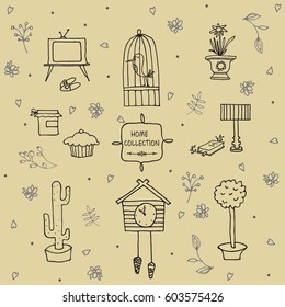 Hand-drawn vector attributes of the home interior,vintage  illustration. Isolated on the background and easy to use.