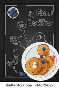 Hand-drawn vector background of breakfast with pancakes and blueberries, strawberries on black backdrop. Perfect for design of poster, banner, website, card, decoration of menu, cafe. In cartoon style