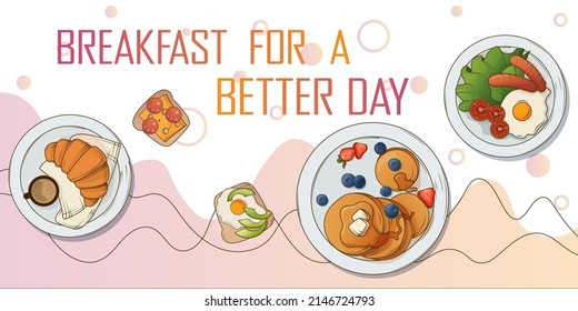 Hand-drawn vector background of different breakfast with pancakes, croissant, sausage, fried egg. Perfect for design of poster, banner, website, card, decoration of menu, cafe. In cartoon style.