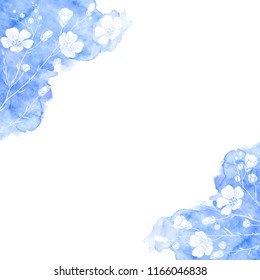 Hand-drawn vector background with  flax flowers, with blue watercolor elements  and space for text on a white background. Corner composition.
