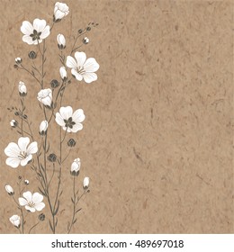 Hand-drawn vector background with  flax flowers  and space for text on kraft paper.