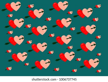 Hand-drawn vector background Hearts of lovers with a cupid arrow on a green background