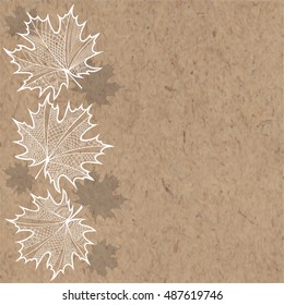 Hand-drawn vector background with maple leaves and space for text on kraft paper.