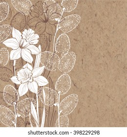 Hand-drawn vector background with spring flowers daffodils and branches of willow on kraft paper.