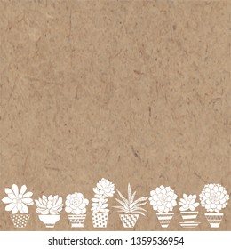 Hand-drawn vector background with succulents in pots and space for text on kraft paper.