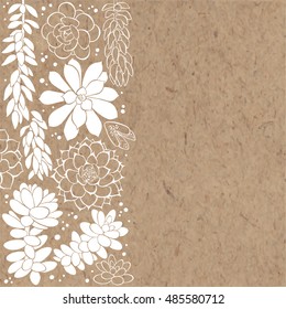 Hand-drawn vector background with succulents and space for text on kraft paper.