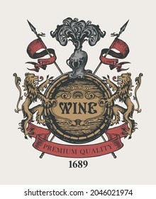 Cartel vector dibujado a mano con la inscripción Vino, gran barril de madera, leones, casco de caballeros y lanzas. Sello de vino de origen en forma de escudo de armas de estilo vintage con fondo claro