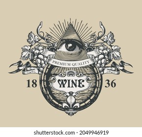 A hand-drawn vector banner with the inscription Wine, an all-seeing eye, bunches of grapes, fleur de lis and wooden barrel. Ornate wine label in the form of a vintage coat of arms on a beige backdrop