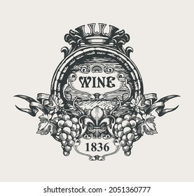 Banner vector dibujado a mano con la inscripción Vino, un gran barril de madera, corona, lienzo de harina y racimos de uva. Etiqueta, logotipo o emblema del vino de origen en forma de escudo de armas antiguo de estilo vintage