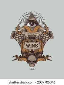 A hand-drawn vector banner with the inscription Wine, an all-seeing eye, bunches of grapes, wooden barrel and sinister human skull. Vintage wine label in the form of a coat of arms on a grey backdrop