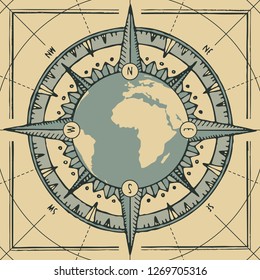 Hand-drawn vector banner with planet Earth, wind rose and old nautical compass in retro style. Illustration on the theme of travel and discovery