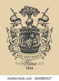 Cartel vector dibujado a mano para el vino rojo y blanco con un barril de madera, leones, lanzas, casco de caballeros y racimo de uvas. Etiqueta del vino de origen en forma de escudo de armas antiguo sobre un fondo beige vintage