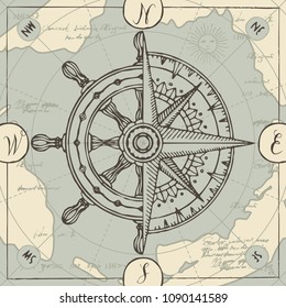 Hand-drawn vector banner with a wind rose, old nautical compass and steering wheel in retro style. Illustration on the theme of travel, adventure and discovery on the background of old map