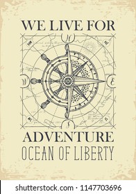 Hand-drawn vector banner with a wind rose, old nautical compass and steering wheel in retro style. Illustration on the theme of travel, adventure and discovery on the background of old map