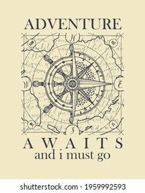 Hand-drawn vector banner with wind rose, old compass and steering wheel in retro style. Illustration on the theme of travel and adventure on the background of old map and handwritten text Lorem ipsum