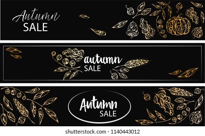 Hand-drawn vector banners. Autumn elements - berries and leaves- in gold color