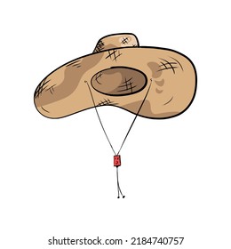 Una playa vectorial hecha a mano o un sombrero trenzado beige-marrón con hilos negros y una corbata roja sobre un fondo blanco. Aislado.