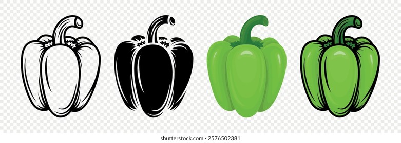 Hand-Drawn Vector Bell Peppers in Green, Outline and Full Color. Vibrant Detailed Food Illustration for Culinary, Healthy Eating, Kitchen Designs, Food Packaging. Capsicum Icon Set