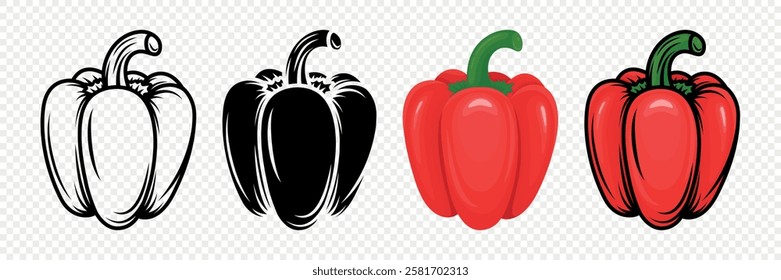 Hand-Drawn Vector Bell Peppers in Red, Outline and Full Color. Vibrant Detailed Food Illustration for Culinary, Healthy Eating, Kitchen Designs, Food Packaging. Capsicum Icon Set