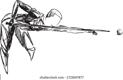 Hand-drawn vector of a billiard player in extended shot position, aiming at a cue ball, with expressive black ink lines and stylized anatomy on a white background.