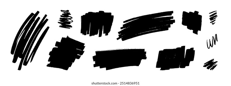 Hand-drawn vector black marker lines, scratches, scribbles. Grungy highlighter underlines bg. Rough punk market stroke collection. Expressive textured marks. Set of black grunge blots, daubs and dabs