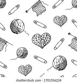 Hand-drawn vector black outline seamless pattern. Knitting, favorite homework. Thread, needles, clew, pin, knitted heart on a white background. Hobbies, needlework. For prints of fabric, packaging.