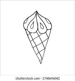 Dibujo vectorial manual de helados en blanco y negro en un cono de gofre sobre un fondo blanco