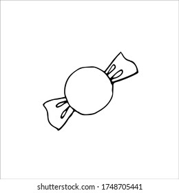 Hand-drawn Vector Black And White Drawing Of A Round Candy Wrapper In Candy Wrapper On A White Background