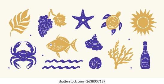 A hand-drawn, vector boho vintage summer-themed set of icons in gold and purple featuring a sun, crab,  grapes, fish, turtle, shells, coral, champagne, waves, and palm leaves on a light background.