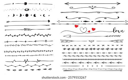 Hand-Drawn Vector Border Dividers, A Collection of Decorative Lines, Arrows, Hearts, and Geometric Elements for Creative Design Projects