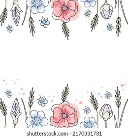 Hand-drawn vector border with meadow flowers. Vector illustrations in line art style. Outline vector graphic