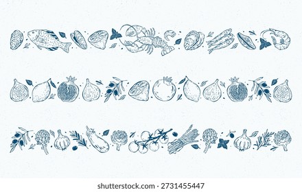 Hand-drawn vector borders celebrating Mediterranean food, featuring seafood, fruits, and vegetables. Perfect for menus, packaging, invitations, and food design projects