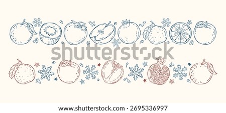 Hand-drawn vector borders with winter fruits such as mandarin, orange, pomegranate, persimmon, kiwi, and apple decorated with snowflakes, stars, and drops for Christmas food design