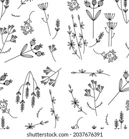 Hand-drawn Vector botanical illustration. Seamless pattern with meadow and garden flowers. Botanical sketch style. Minimalist flowers and branches seamless pattern. Flowers on transparent background.