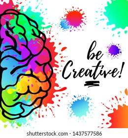 Handdrawn Vector Brain  isolated on colorful watercolor splashes of paint.Top view. Be creative.Design template for apps and websites.Illustration isolated on white background