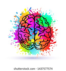 Handdrawn Vector Brain.Logo silhouette isolated on colorful watercolor splashes of paint.Top view.Design template for business cards,apps and websites.Illustration isolated on white background