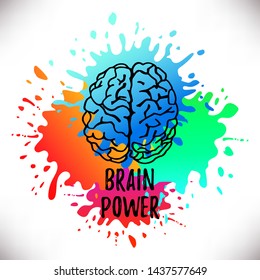 Handdrawn Vector Brain.Logo silhouette isolated on colorful watercolor splashes of paint.Design template for business cards,apps and websites.Illustration isolated on white background