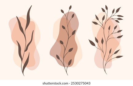 Hand-drawn vector branches with leaves in a minimalist line art style in earthy tones. Boho botanical elements for nature-themed projects, logos, package designs, or botanical art