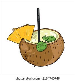 Hand-drawn vector brown sliced coconut with a straw, yellow pineapple and green peppermint on a white background. Isolated.