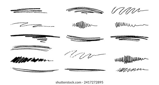 Hand-drawn vector brush underline element set for accent, crayon texture emphasis element. Crayon brush stroke color underline. Chalk pen highlight stroke. Color kid chalk vector illustration