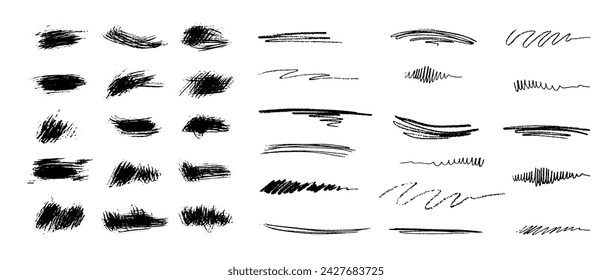Hand-drawn vector brush underline element set for accent, crayon texture emphasis element and blots, spots. Crayon brush stroke color underline. Сhalk vector illustration.