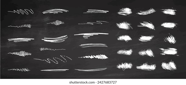 Hand-drawn vector brush underline element set for accent, crayon texture emphasis element and blots, spots. Crayon brush stroke color underline. Vector illustration on chalkboard background.