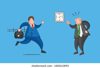 Hand-drawn vector businessman worker late for work and angry boss shows him what time is it
