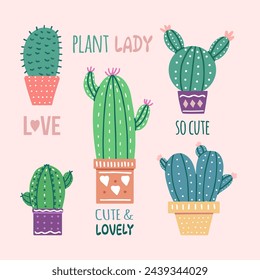 Conjunto de cactus vectoriales dibujados a mano con caligrafía, letras. Diseño gráfico de estilo plano de plantas espinosas, cactus florecientes, plantas suculentas en macetas de cerámica de colores. Plantas caseras, cactus mexico, banner