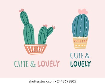 Hand-drawn vector cacti set with calligraphy, lettering. Flat style graphic design of spiny plants, blooming cacti, succulent plants in colorful ceramic pots. Home plants, mexico cactus, banner