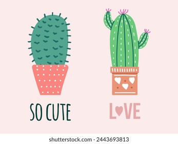 Hand-drawn vector cacti set with calligraphy, lettering. Flat style graphic design of spiny plants, blooming cacti, succulent plants in colorful ceramic pots. Home plants, mexico cactus, banner