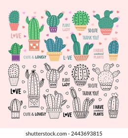 Hand-drawn vector cacti set with calligraphy, lettering. Outline doodle and flat colored graphic design of spiny plants, blooming cacti, succulent plants in colorful ceramic pots. Home plants