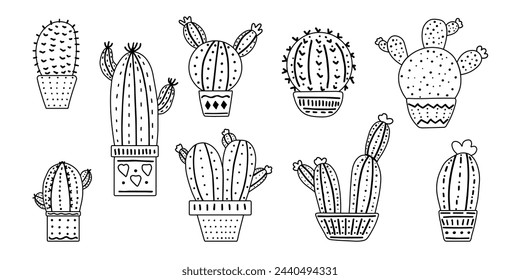 Hand-drawn vector cacti set. Outline doodle style graphic design of spiny plants, blooming cacti, succulent plants in colorful ceramic pots. Home plants, mexico cactus, banner.
